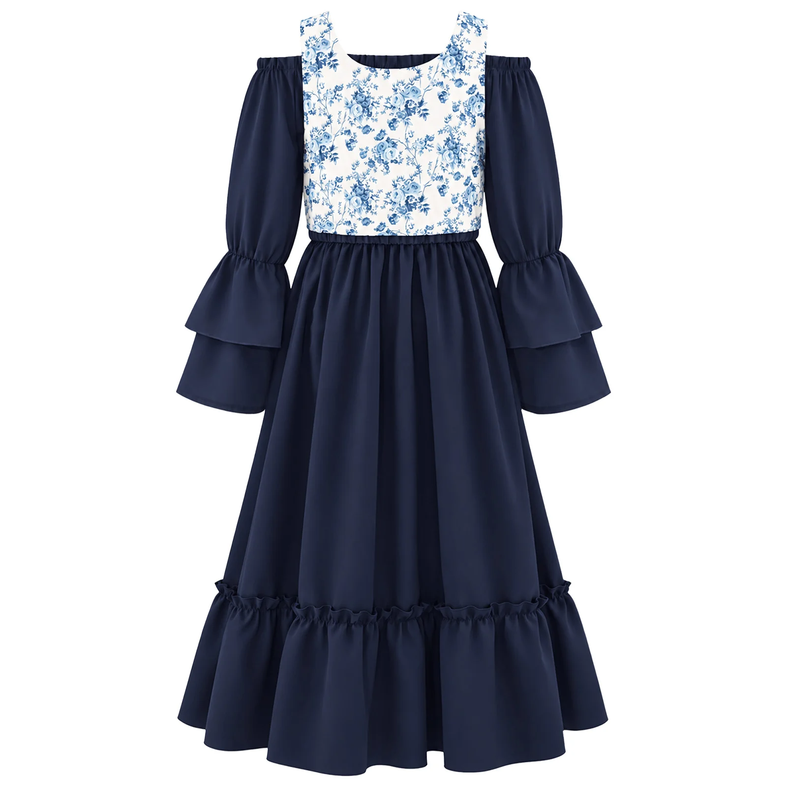 Kids Girls Medieval Costume Off Shoulder Long Ruffled Sleeves Dress with Vest for Halloween Renaissance Themed Party Dress Ups