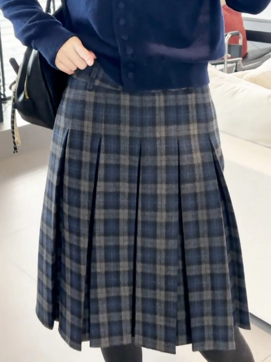 Retro Tweed Plaid A-Line  Skirt Women's Early Autumn Winter High Waist Slimming Versatile Half-length Skirt