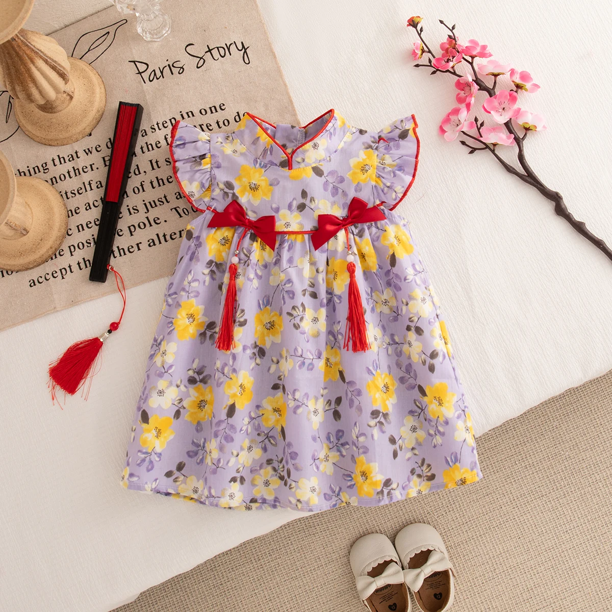 Chinese Style Retro Purple Floral Red Tassel Bows Baby Girl Dress Summer Cotton Breathable Soft Short Sleeved Toddler Dress