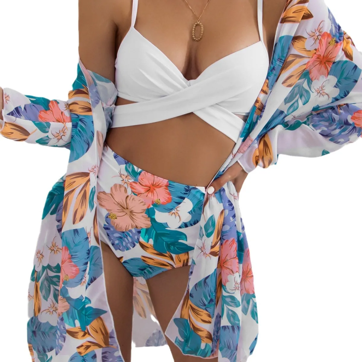 جديد ملابس السباحة النسائية الأوروبية والأمريكية مثير بيكيني مثير شبكة واقية من الشمس سبليت ثلاث قطع ملابس السباحة المطبوعة