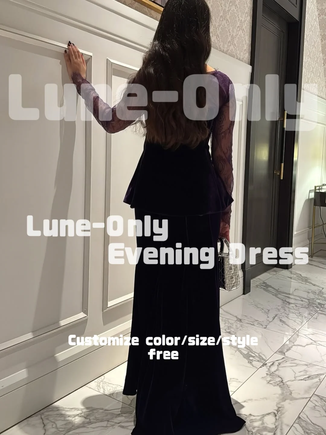 カスタマイズされたレース長袖パープルベルベットイブニングドレスフォーマルな機会のためのシンプルな甘いウエディングドレスパーティードレス