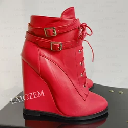 ZHIMA Women Ankle Boots Wedges Side Zip Super High Heels Round Toe Handmade Short Boots Ladies Shoes Woman Big Size 41 42 45 52