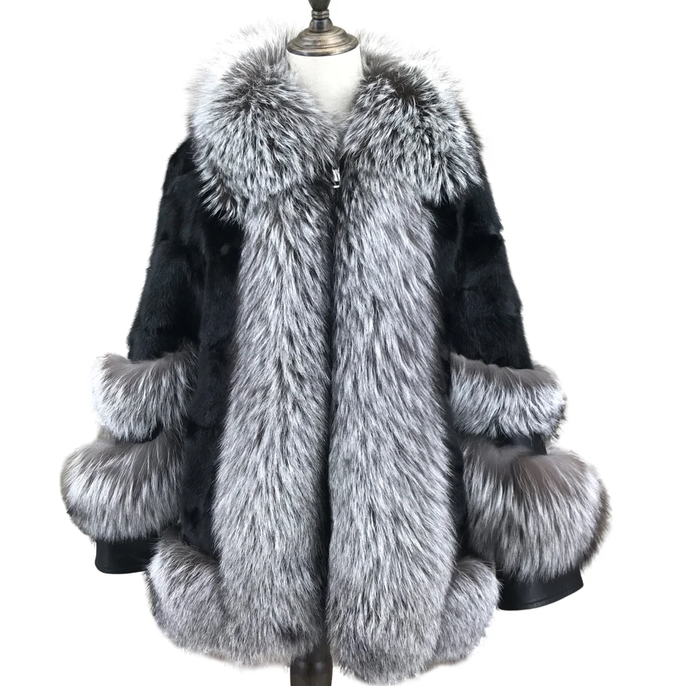 Natural Mink Coat with Silver Fox Collar for Women, Front Cuffs, Furry Elegant, Beautiful Fashion, New Style, Autumn and Winter,