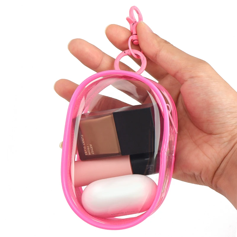 Multi-functional Portable Clear Cosmetics Storage Bag Space Saving Organizer Earphones Chargers Powder Puff Mini Keychain Loop