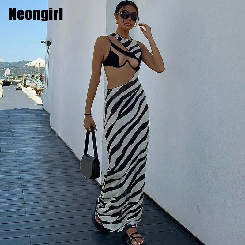 

OrangeG Beachwear 2024 Summer Zebra Long Dress Women One Sholder Sleeveless Mesh Transparent Striped Crop Sexy Clubwear Outfit