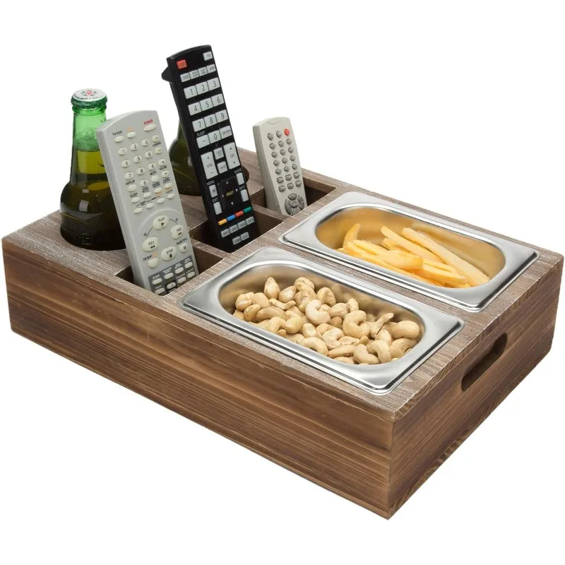 rustic brown wooden sofa snack box tray with 2 beverage cup holders and 3 remote control bracket slots