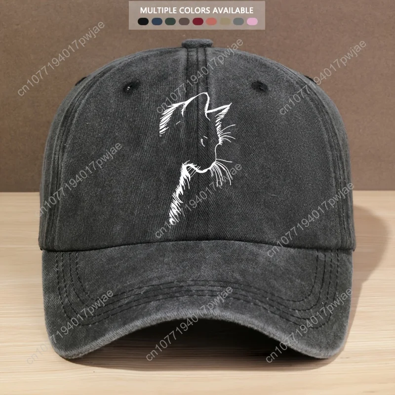 Unisex stylish washed baseball cap with letter cutout cat pattern adjustable trucker hat suitable forcamping fishing.