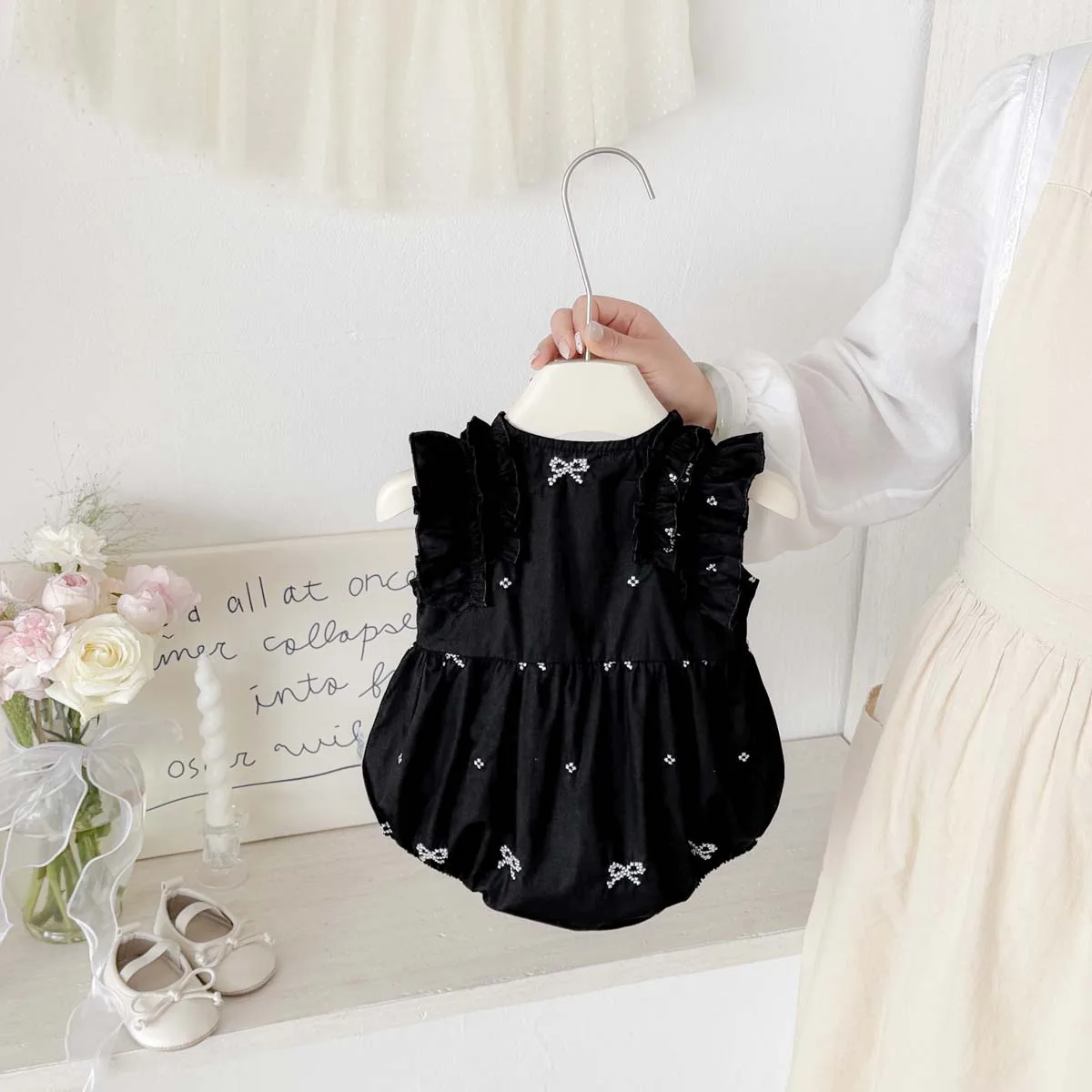 Baby Girl Black Bow Print Romper Sleeveless Ruffle Jumpsuit Back Cross Design Summer Bodysuit