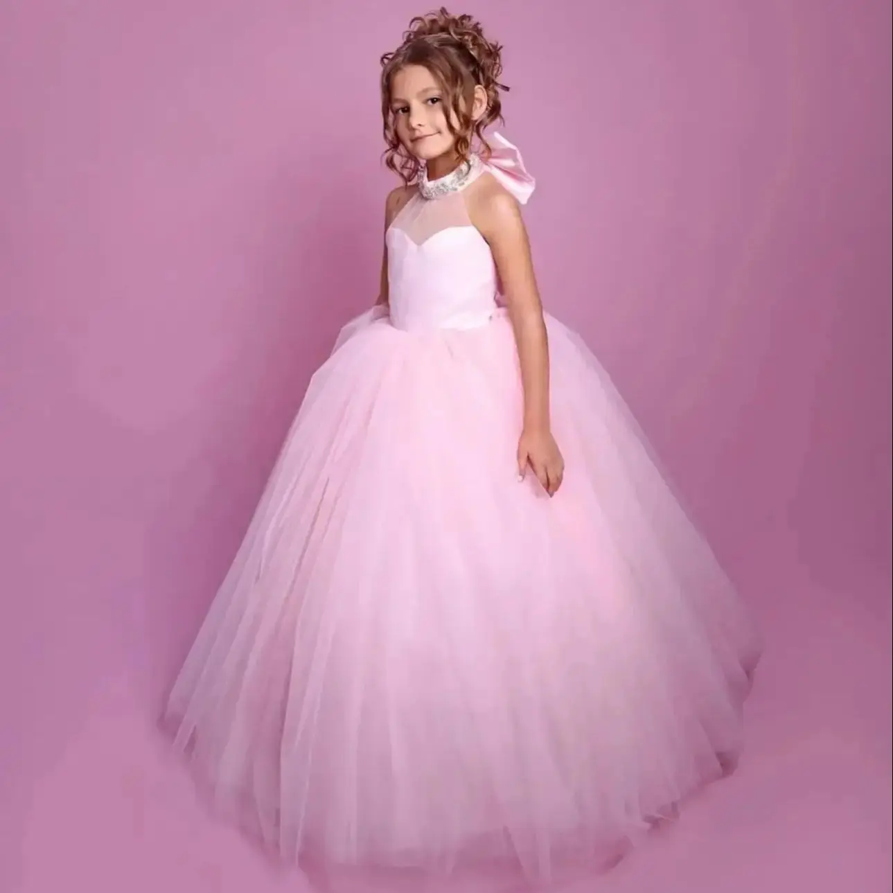 Vestidos rosas sin mangas para niña de flores para boda con lazo vestido de niña de tul para sesión de fotos vestidos de primera comunión personalizados