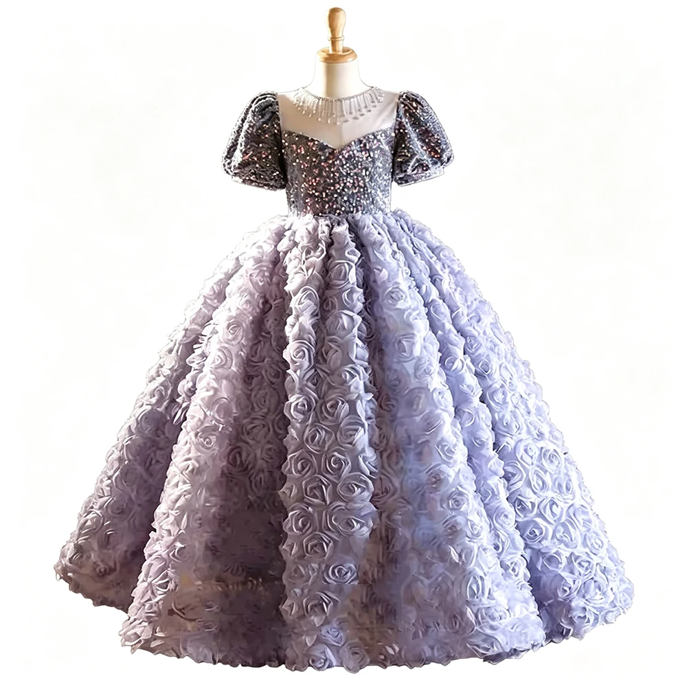 Luxury Girls Pageant Evening Banquet Prom Gown Short Sleeve Rose Floral Princess Birthday Party Piano Performance Dress Kids