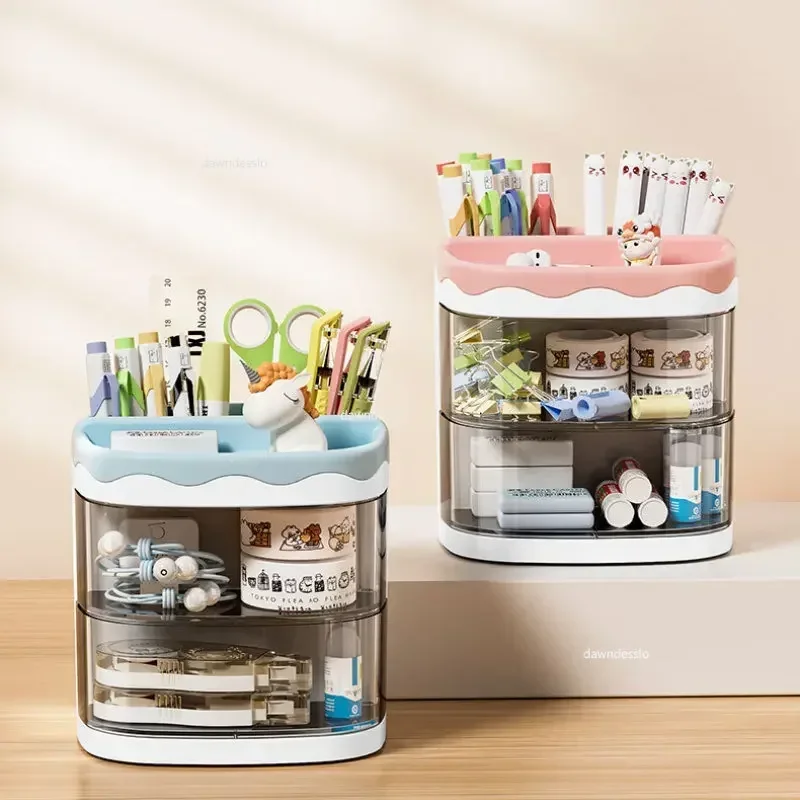 Imagem -04 - Prático Multi-funcional Organizador de Mesa Pen Holder Camadas Duplas Lápis Rotativos Storage Rack Cosmetics Shelf Estudante