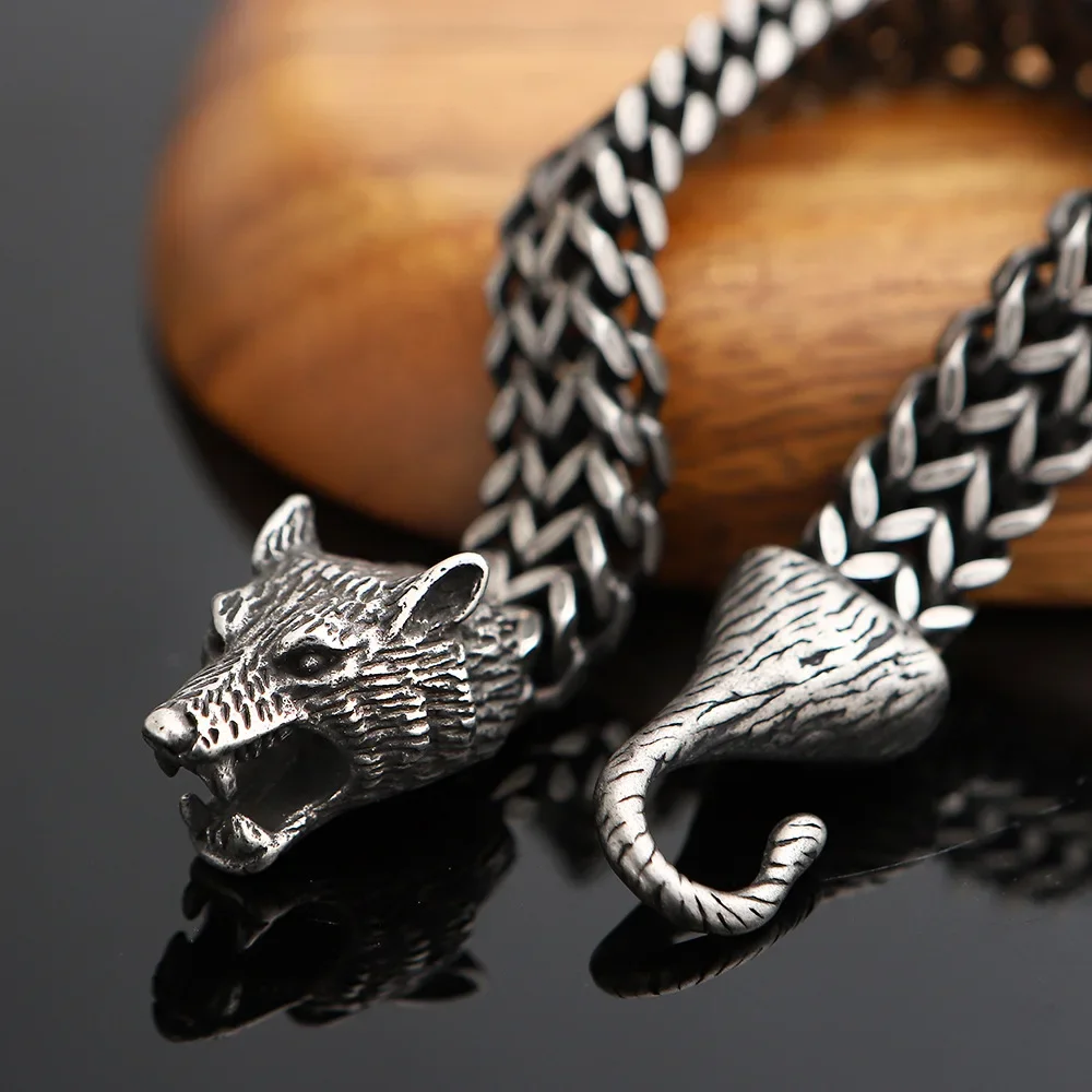 Top Quality Viking Punk 316L Stainless Steel Wolf Head Bracelet Men's Jewelry Franco Chain Vintage Hip Hop Jewelry