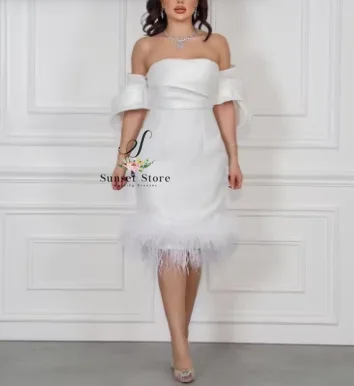 

Customized Elegant Short White Prom Dresses Women's Strapless Feather Mermaid Party Evening Gown Knee Length Saudi Cocktail Dre