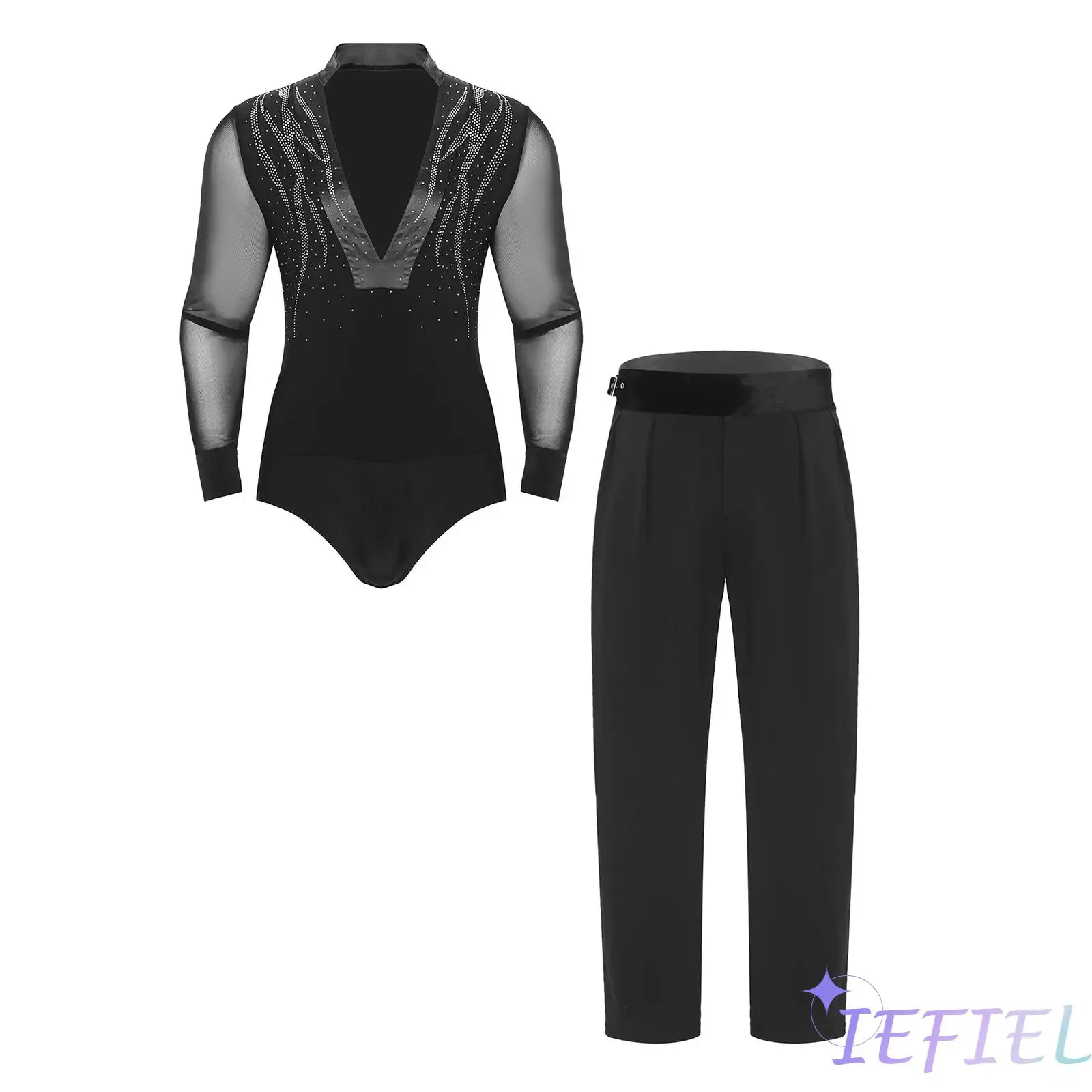 

Mens Salsa Latin Gymnastics Dance Outfits Sheer Mesh Long Sleeve Color Block Dance Bodysuit with Long Pants for Ballet Rumba