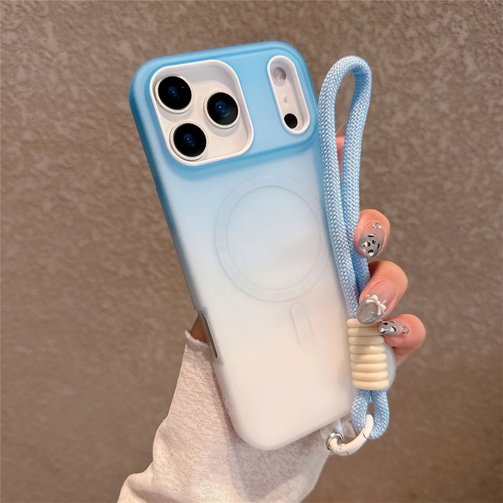 Funda protectora magnética para teléfono Magsafe, funda a prueba de golpes con correa de mano de Color degradado para iPhone 17 Air 16 15 14 13 12 Pro Max