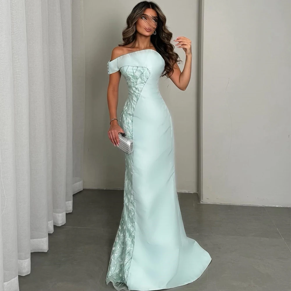 

Luxury Evening Dresses 2025 Satin Mermaid/Trumpet Birthday Dress Mint Off-the-shoulder Beads Button Prom Dress for Ladies Long