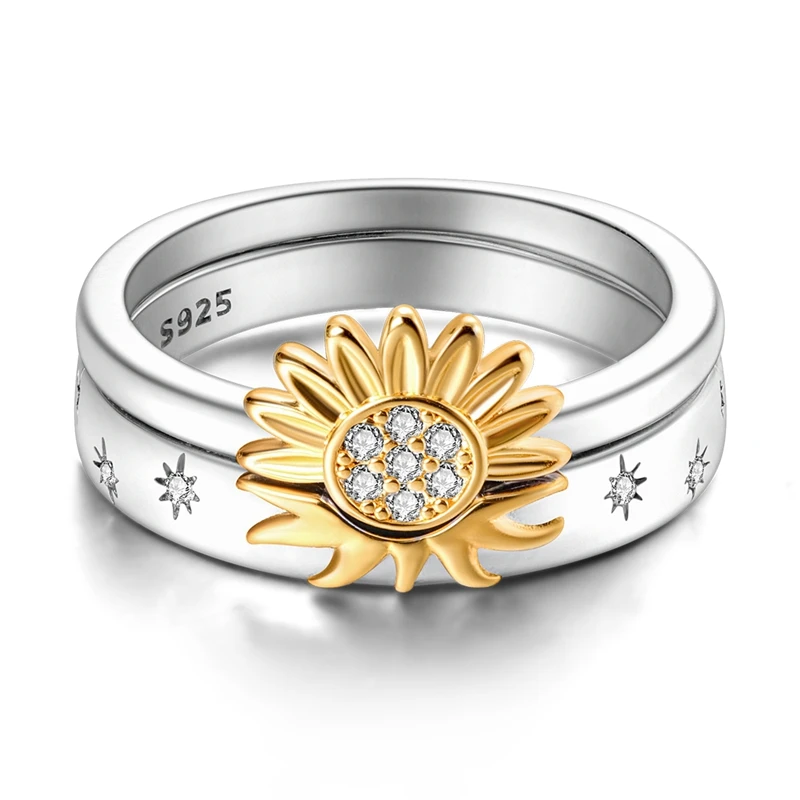 Shining Stars 925 Sterling Silver Sunflower Sun Combination Ring Neutral Boutique Jewelry Decoration Anniversary Party Gifts