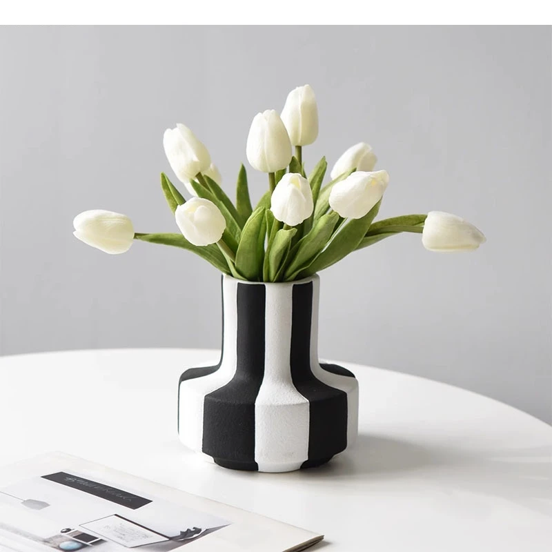 Black and White Striped Ceramic Vase Dining Table Flower Ware Decoration Living Room Aesthetic
