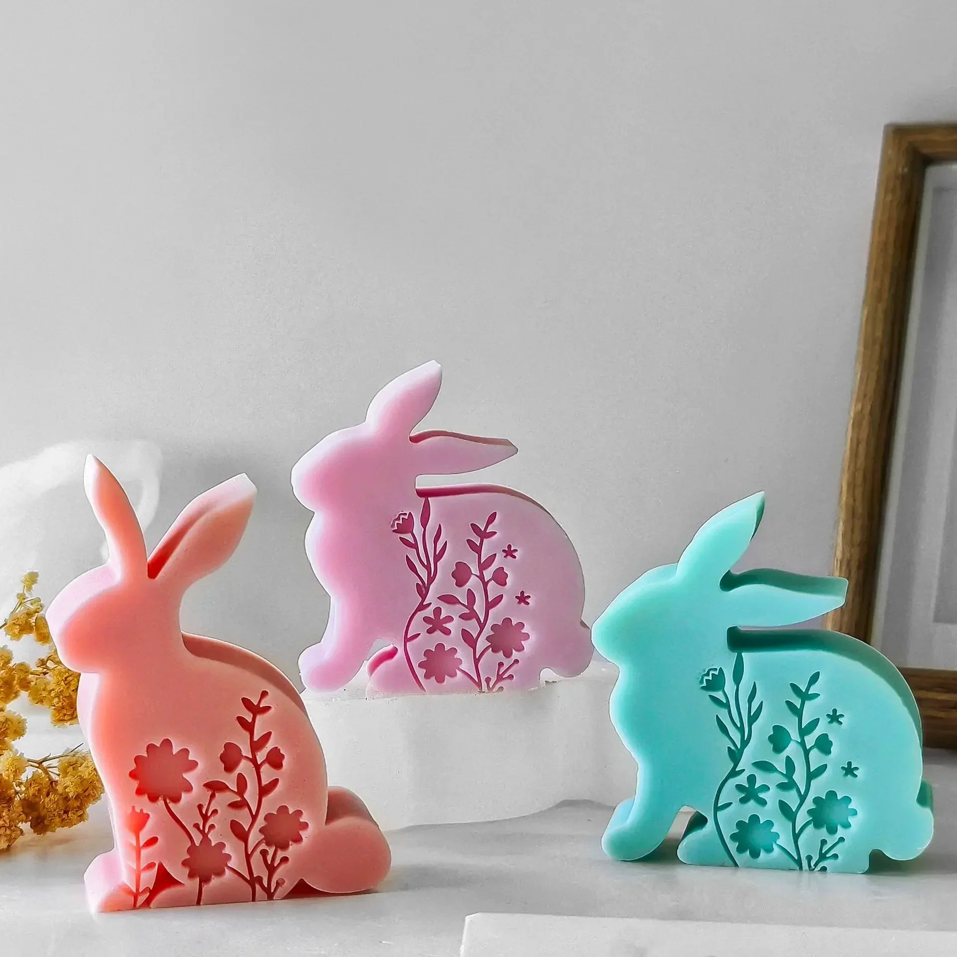 Easter Bunny Candle Silicone Mould DIY Rabbit  Embossed Flower Bunny Candle Mold