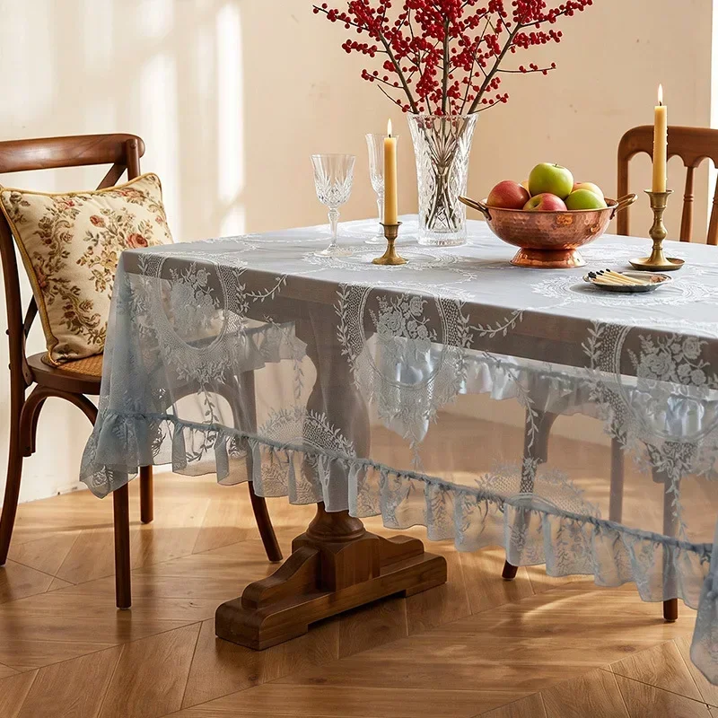 French Style Ruffled Round Mirror Flower Lace Tablecloth, Haze Blue  Fabric Table Cover, Simple Home Dining Party Decor