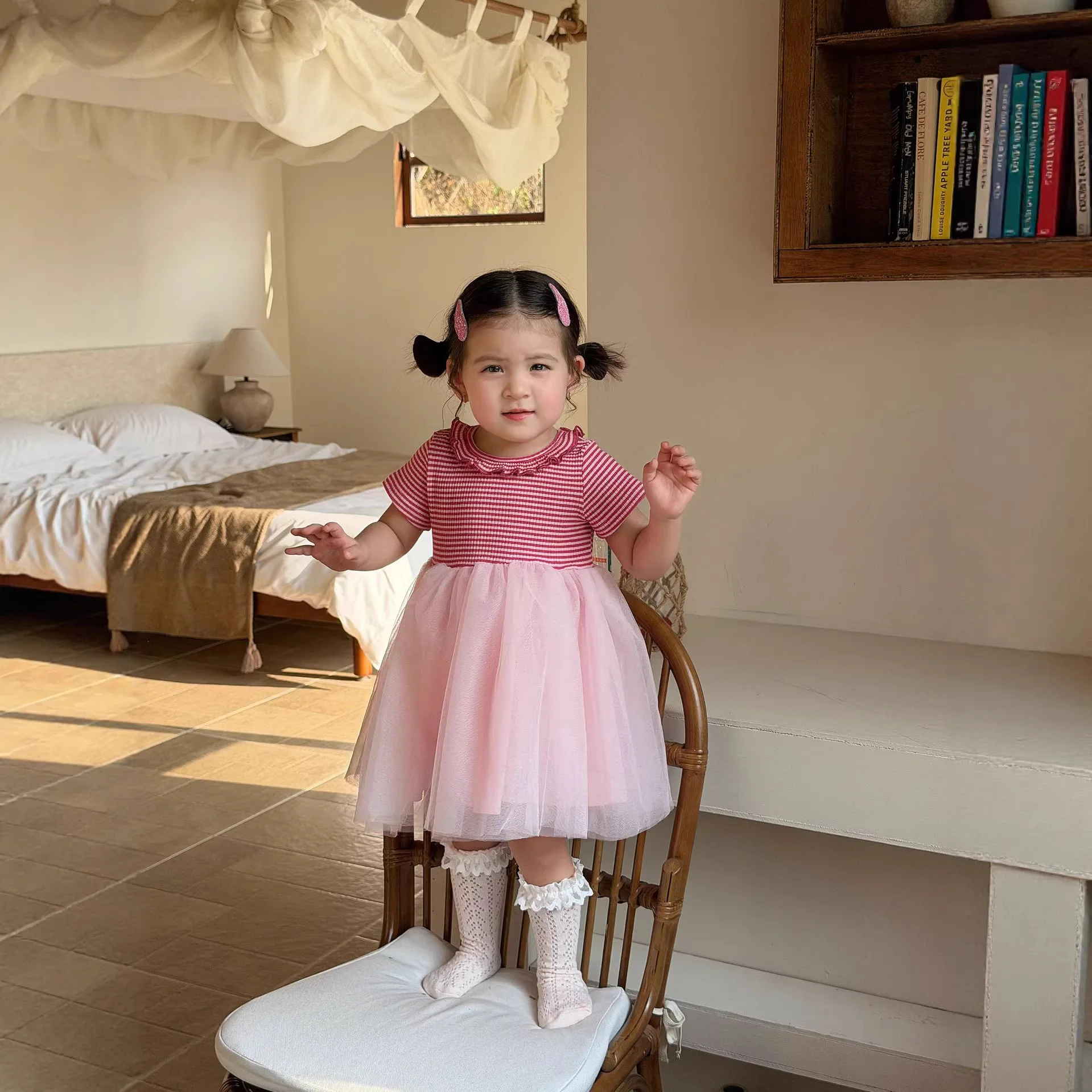 2026 New Summer Girls Splicing Princess Dress Baby Girl Solid Color Mesh Dress Foreign Style Girls Dress