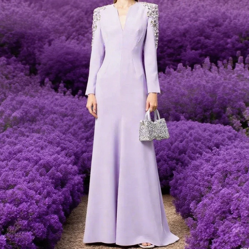 

Evening Dresses Long Sleeves Mermaid Women's Evening Gowns Long V Neck Trumpet Elegant Wedding Party Dress Customized