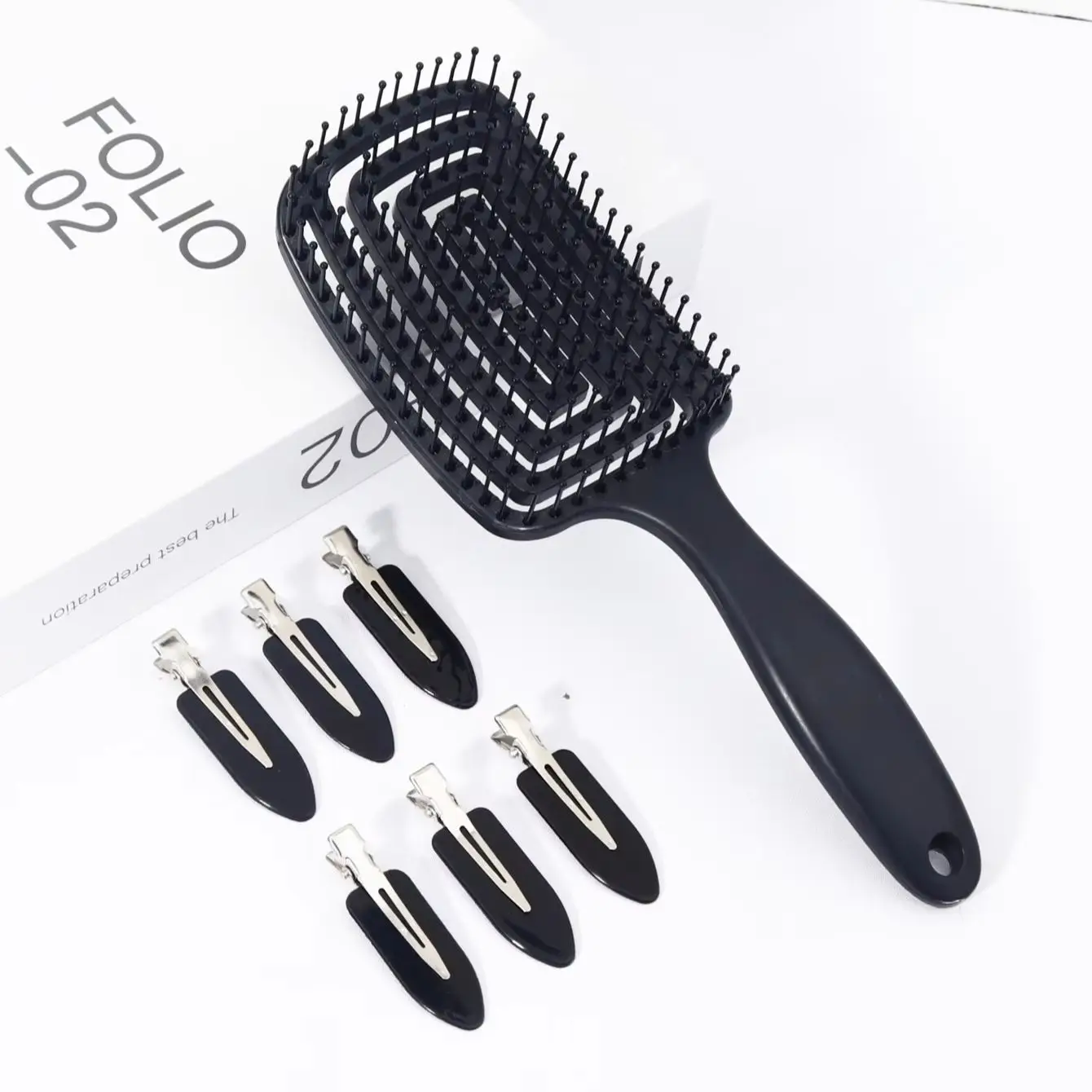 

7 шт. модный набор для укладки, полая массажная расческа, с 6 неигнутыми модными заколками для волос, специально для настоящих париков из волос