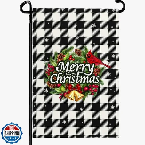 Cryfox Xmas Garden Flag 12x18 Inch Black White Buffalo Plaid Small Flags for JJE DDI GGX