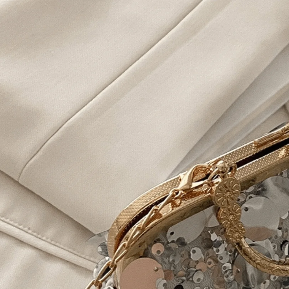 Retro Sequined Evening Bag Round Handle Large Capacity Shoulder Bag Elegant Clip Chain Crossbody Bag Women