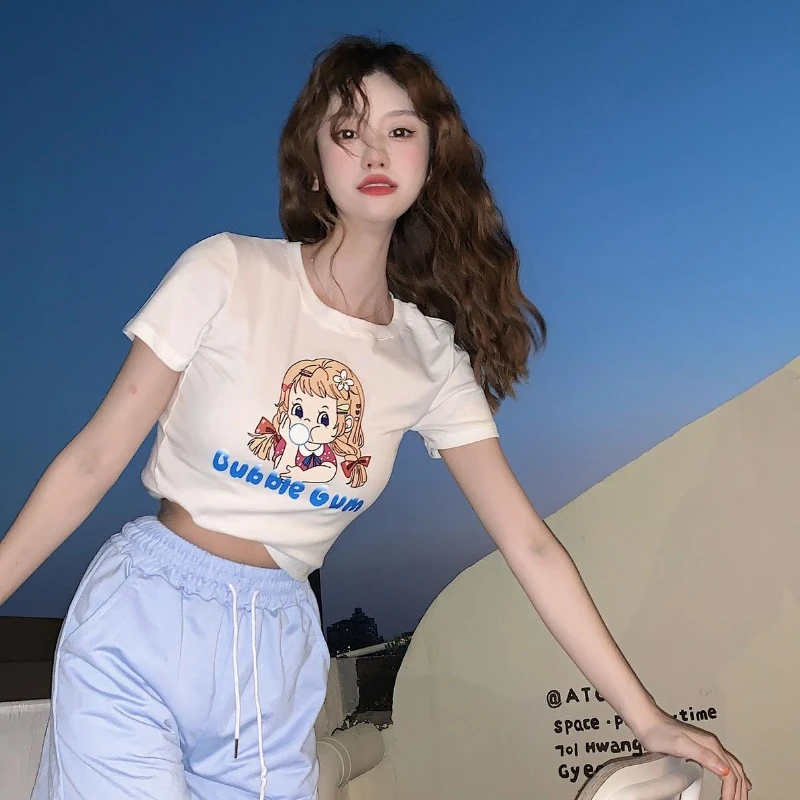 

Slim Short T-shirts Women 2024 Spring and Summer New O-neck Short-sleeved Letter Printed Sweet Student Daily Fashion Tees Female