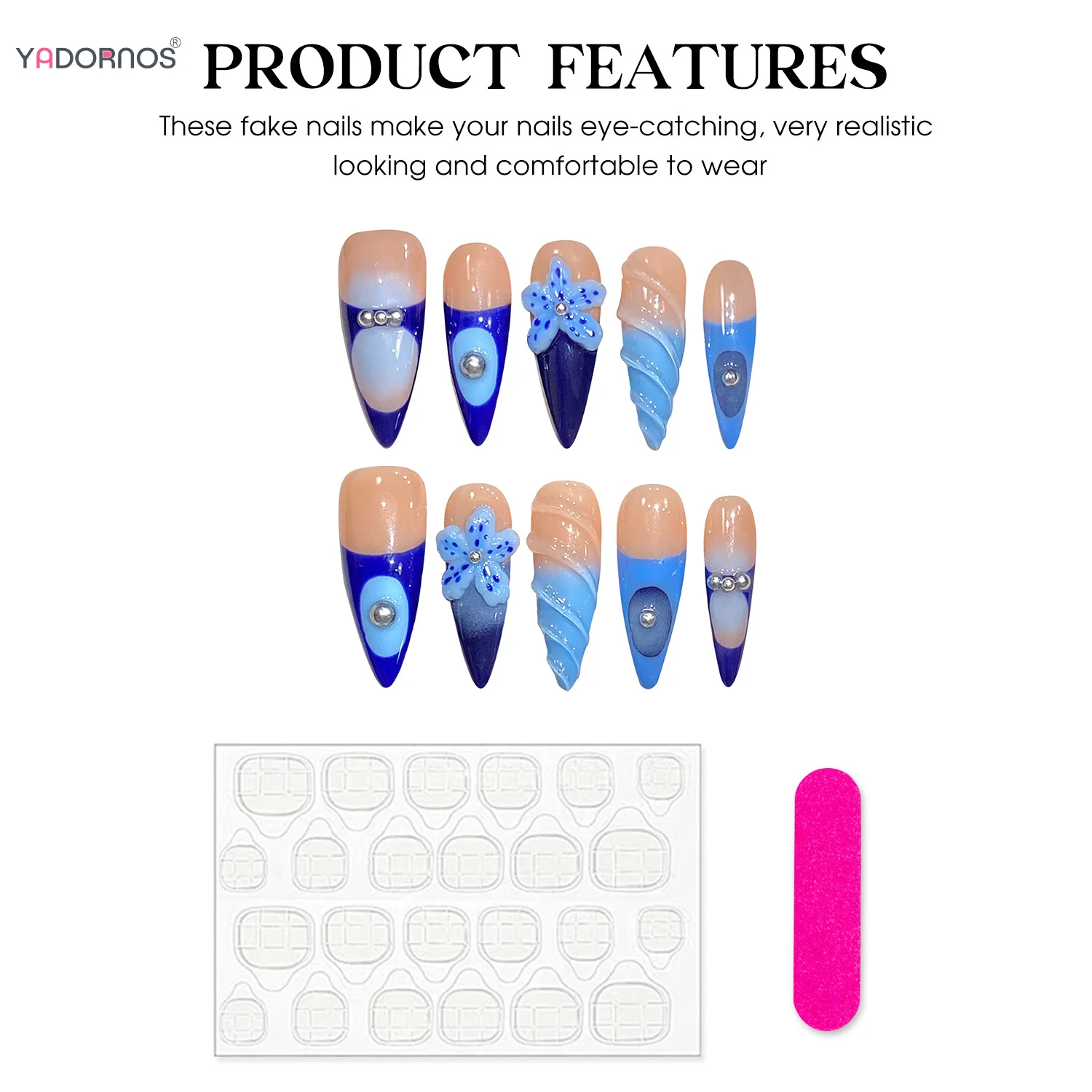 Unhas Postiças Longas Stiletto com Flor e Strass, Feitos À Mão, Tampa Completa, Azul, Pressione, Estilo Francês, Decoração, Verão, 10 Peças