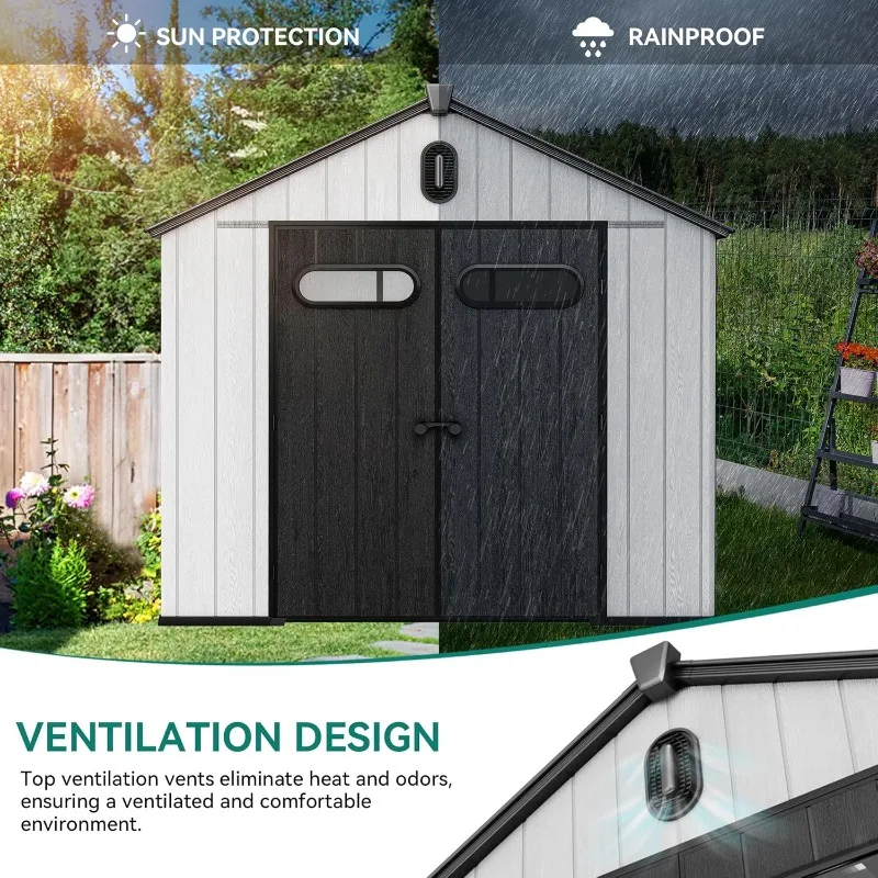 โครงสร้างเก็บของเรซิ่นขนาด 8x10 ฟุต, ตู้เก็บของพลาสติกสำหรับสวนกลางแจ้งขนาด 544 คิว พร้อมหน้าต่าง ช่องระบายอากาศ และประตูล็อคได้