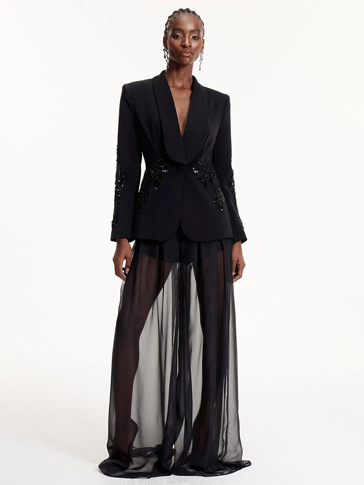 2026 Black Lace Beaded Blazer & Sheer Mesh Wide Leg Pants Two Piece Set Sequined Floral Embellished Satin Suit for Evening Party
