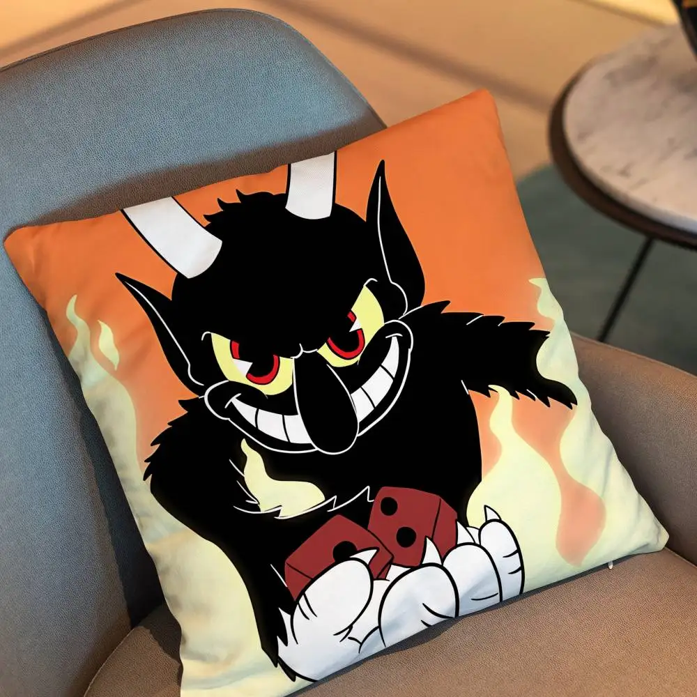 Two people game Devil Cuphead Pillow Case Anti-dustmite Pillowcase Invisible zipper silky short plush Sofa cushion cover