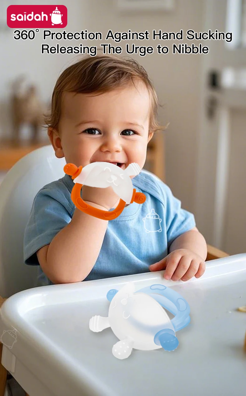 360 ° Handsaugschutz-Beißring – süßes Hasen-Design mit Vollhandgriff, hohlen und festen Beißoberflächen, Babyspielzeug – Detail 1