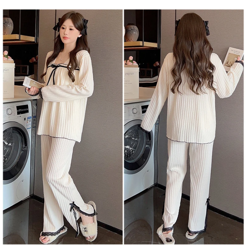 M-5XL PLUS ขนาดฤดูใบไม้ผลิฤดูใบไม้ร่วงชุดนอนชุดสตรีผ้าฝ้ายแขนยาว 2 ชิ้นชุด Elegance Bra ฟรีหลวม Homewear ชุด