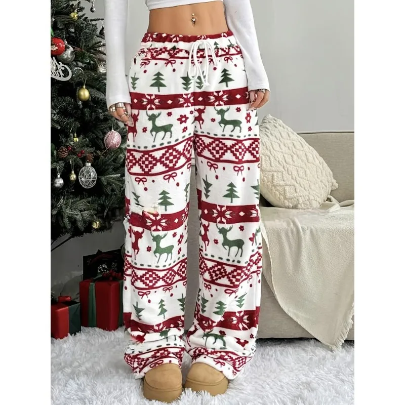 

1pcs Comfortable Christmas Pajamas, Festive Printed Flannel Pajamas, Drawstring Waist Straight Leg for Adults, Warm Pajamas