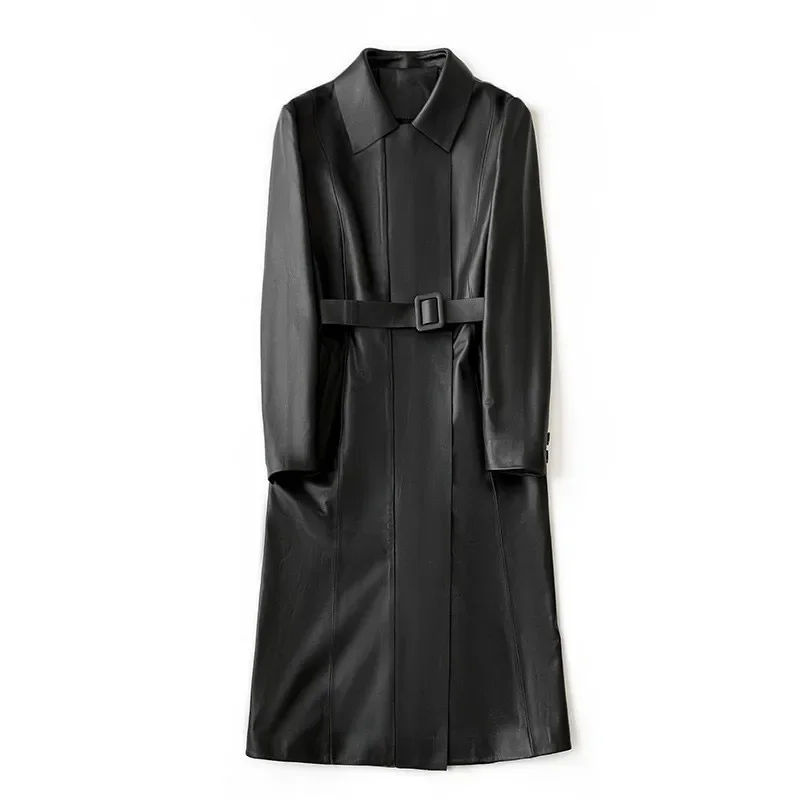 Jaqueta de couro genuíno cintado longo para senhoras, 100% pele de carneiro, blusão do escritório, trench coat, casaco de luxo, outono e inverno