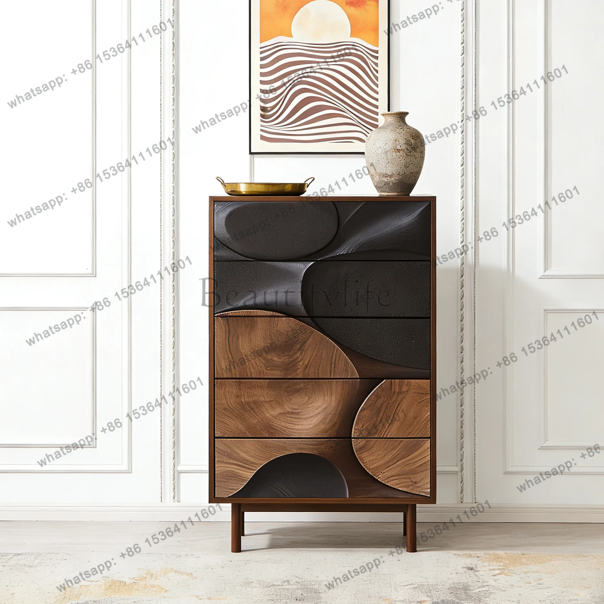 

Medieval walnut black chest of drawers living room locker creative furniture relief