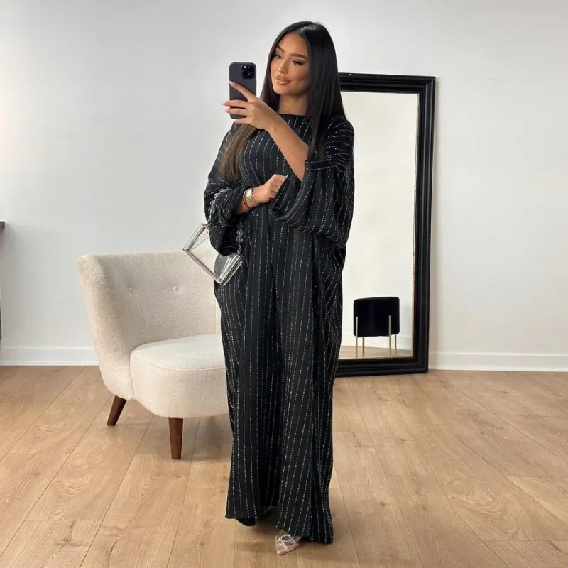 

Vertical Striped Dubai Party Abaya Women Muslim Fashion Dresses Eid Ramadan Abayas Woman Islam Clothing Islamic Long Robe