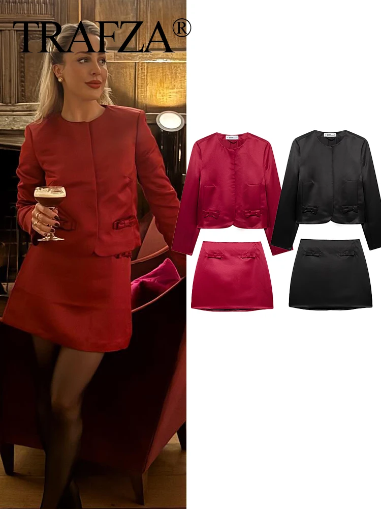 TRAFZA Women Festive Red Skirt 2-Piece Set Round Neck Bow Satin Hidden Button Blazer+Elegant Banquet Slim Folds Skirt New