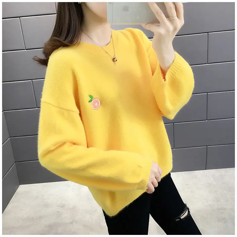 Sweet Fruits Embroidered Bottoming Shirt Women Autumn Winter Korean Loose Fashion Sweater All-match Preppy Style Knitwear Tops