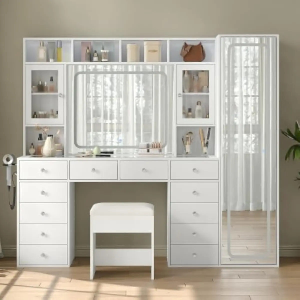 71 inch modern vanity desk with full length mirror and adjustable LED lighting in white engineered wood featuring 12 drawers 4 o