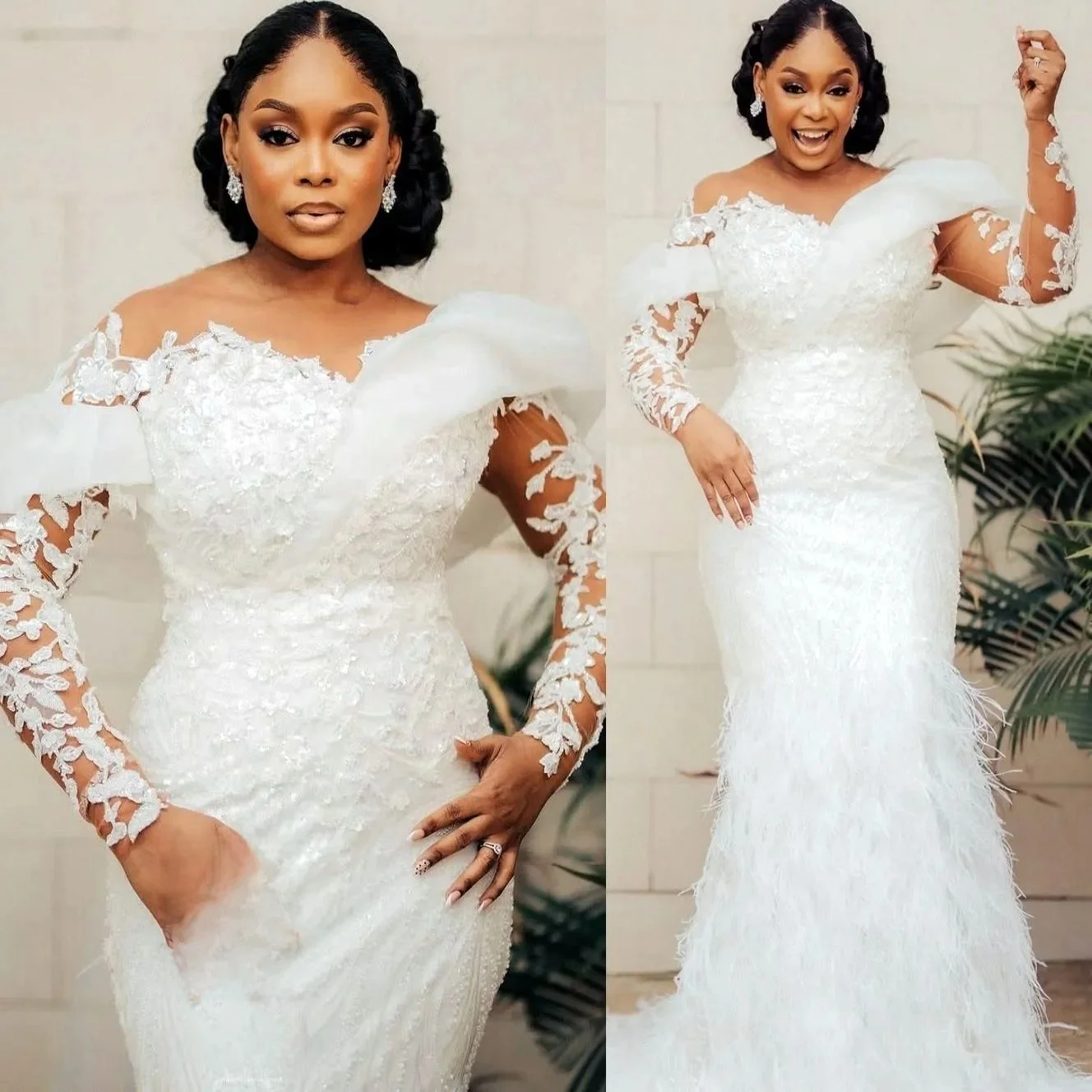 

Customized Arabic Plus Size Ivory Lace Wedding Dresses Feather Full Sleeves Sheer Neck Vintage Bridal Gowns Dress