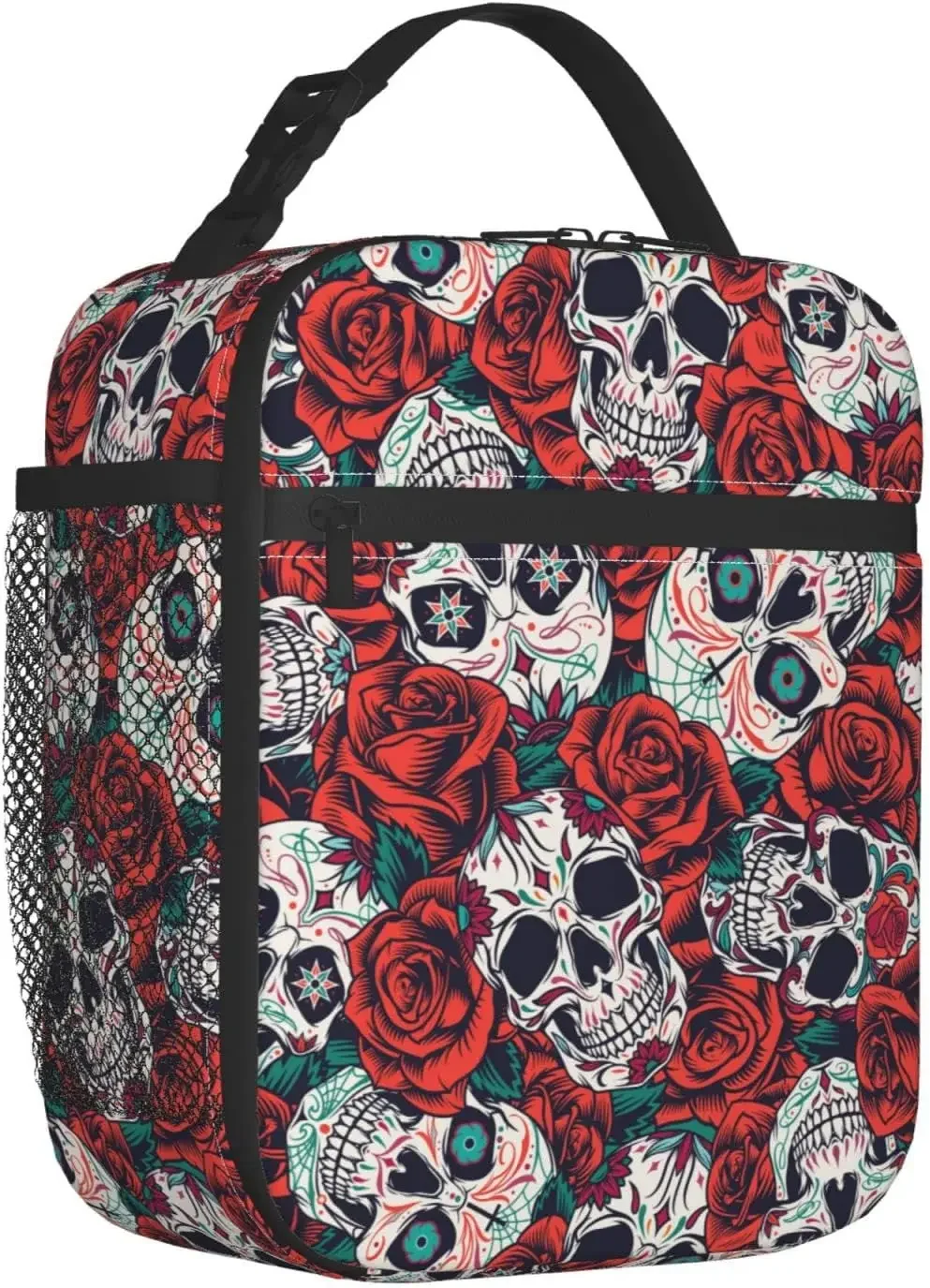 Sugar Skull Rose Flower Portable Lunch Bag Insulated Lunch Box Reusable Totes For Women Men Work Picnic Camping