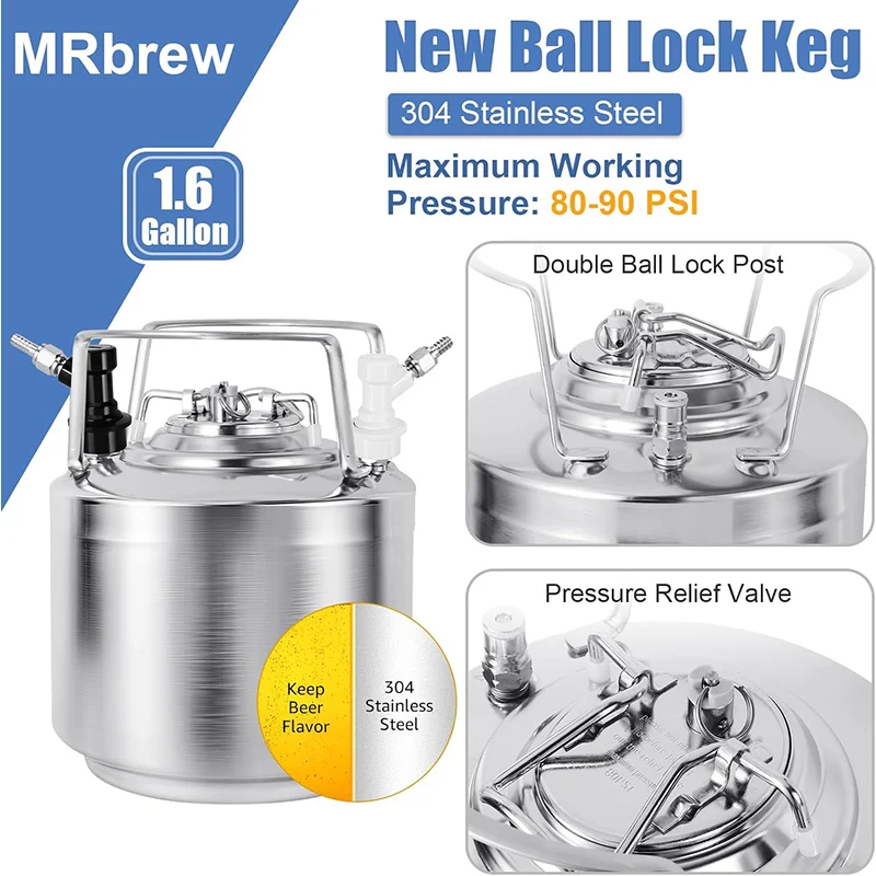 

New Ball Lock Keg with Replacement O-Ring Gasket,Stainless Steel Beer Keg Corny Keg for Draft, Homebrew, Craft Beer, Party 6L