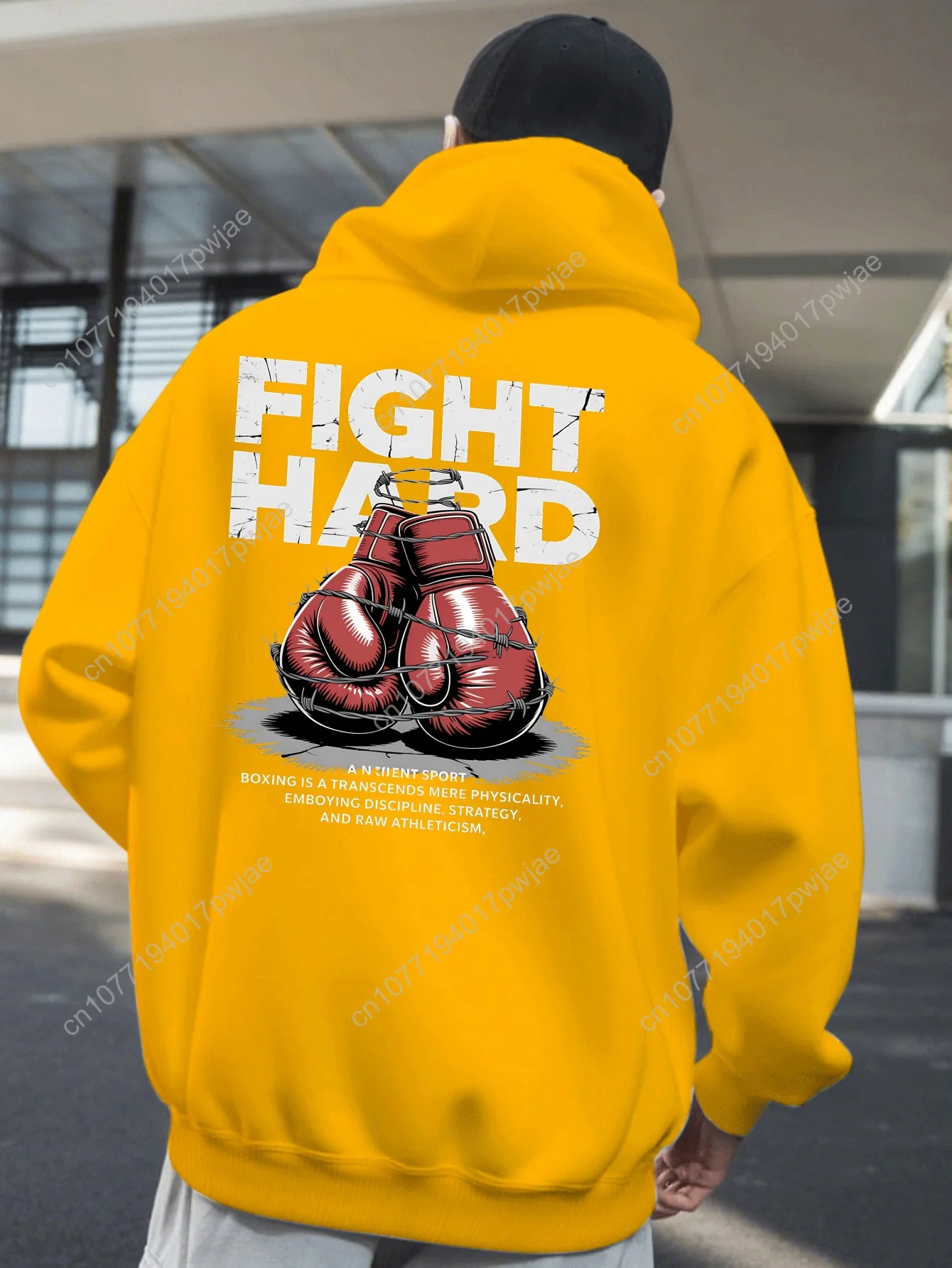 Moletom com capuz de boxe vermelho masculino – gráfico "FIGHT HARD" com design de luvas, macio e confortável, perfeito para esportes ao ar livre de inverno e casua