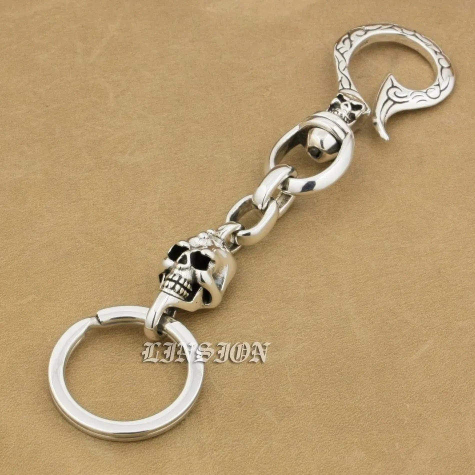 925 Sterling Silver Unique Skull Hook Belt Clip KeyRing Biker Punk Keychain 9T011