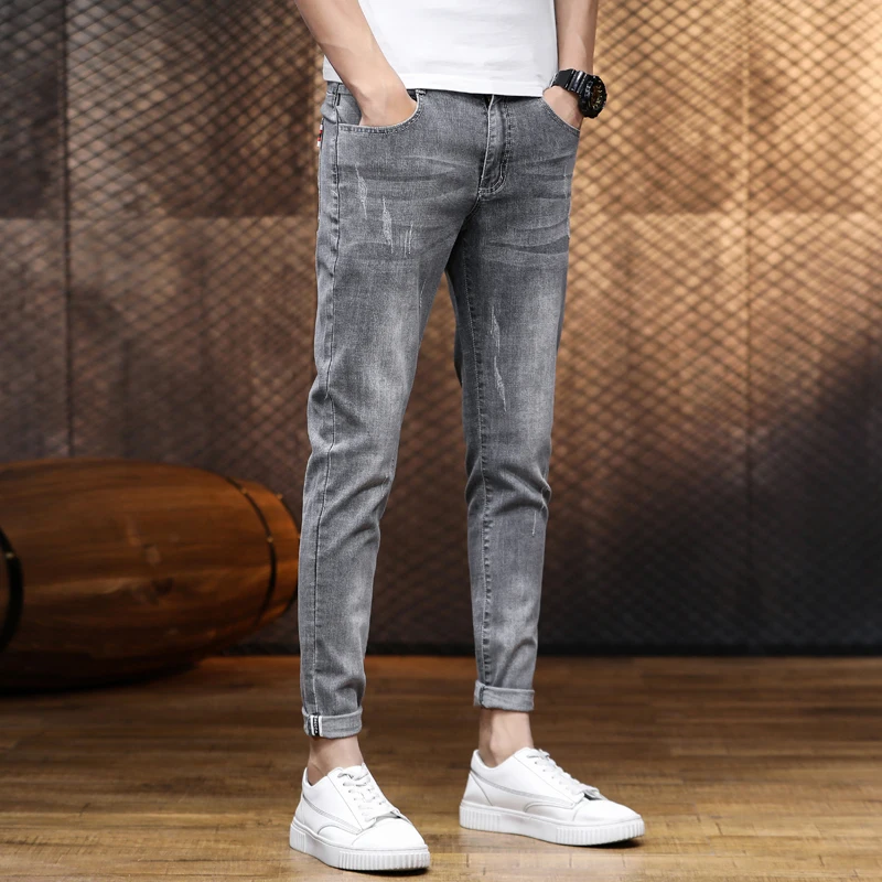 

Мужские джинсы Slim Fit 7/8 длины, тонкие, корейский стиль, эластичные, облегающие, модные, летние, новые, молодежные, весенние
