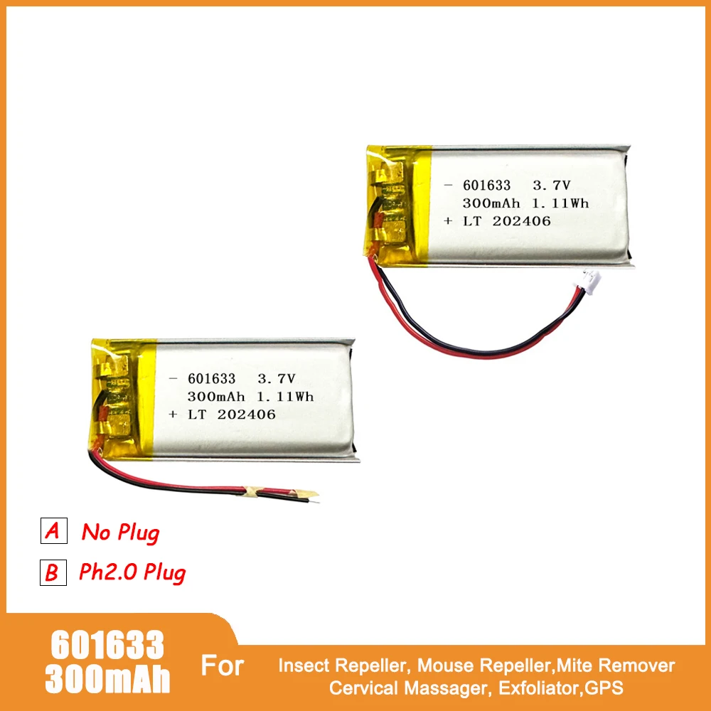 

601633 300mAh 3.7V Lithium Battery For Light GPS Insect Repeller Mouse Repeller Mite Remover Massager Rechargeable Lipo Battery